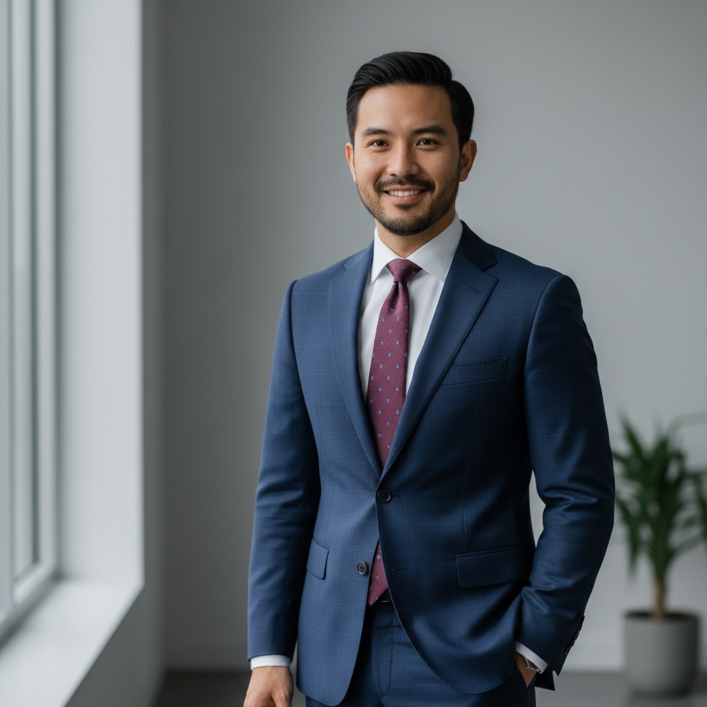 Professional man in a blue suit and patterned tie smiling confidently in a modern office setting with large windows and a green plant in the background.