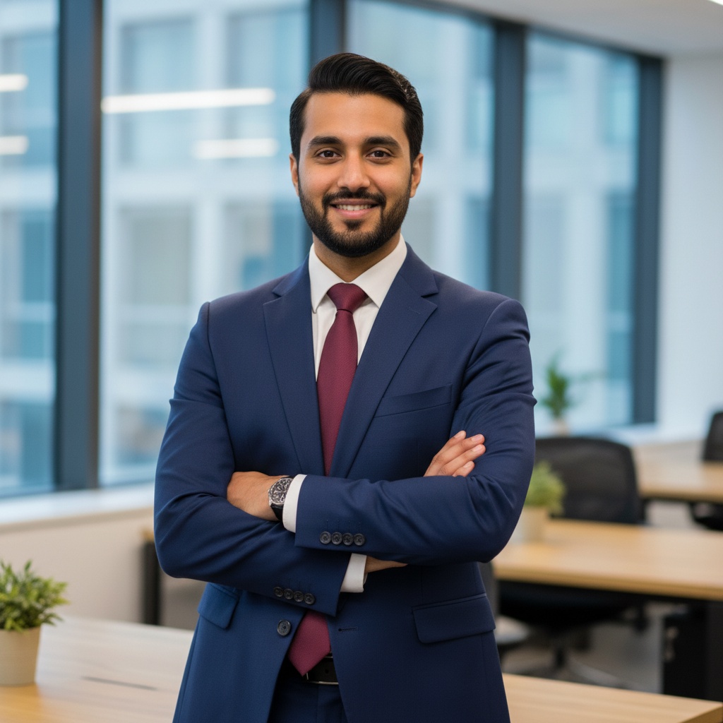 Professional man in a blue suit and red tie standing confidently with arms crossed in a modern office environment.