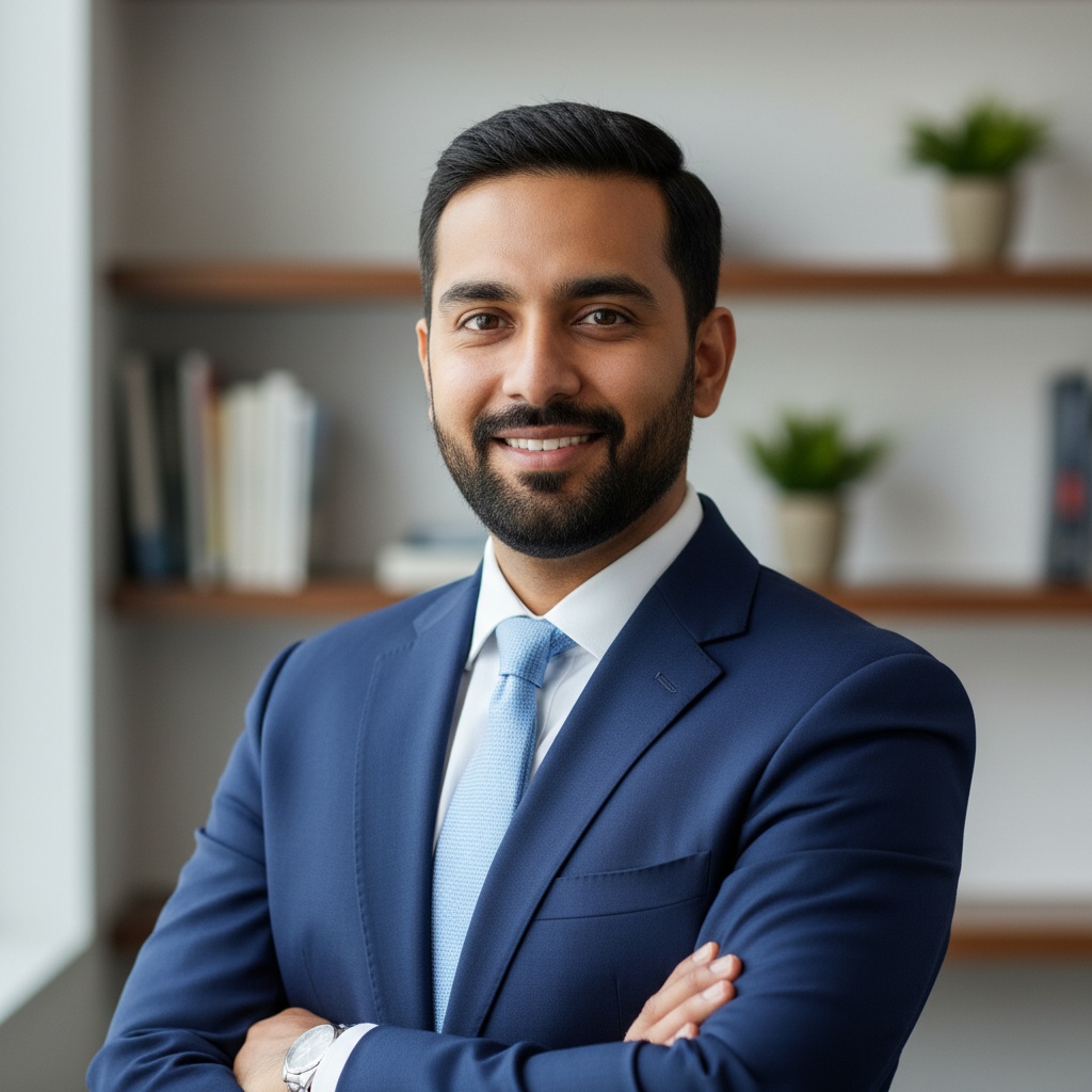 Professional man in a navy suit and light blue tie, smiling confidently with arms crossed, set against a modern office background with bookshelves and plants.
