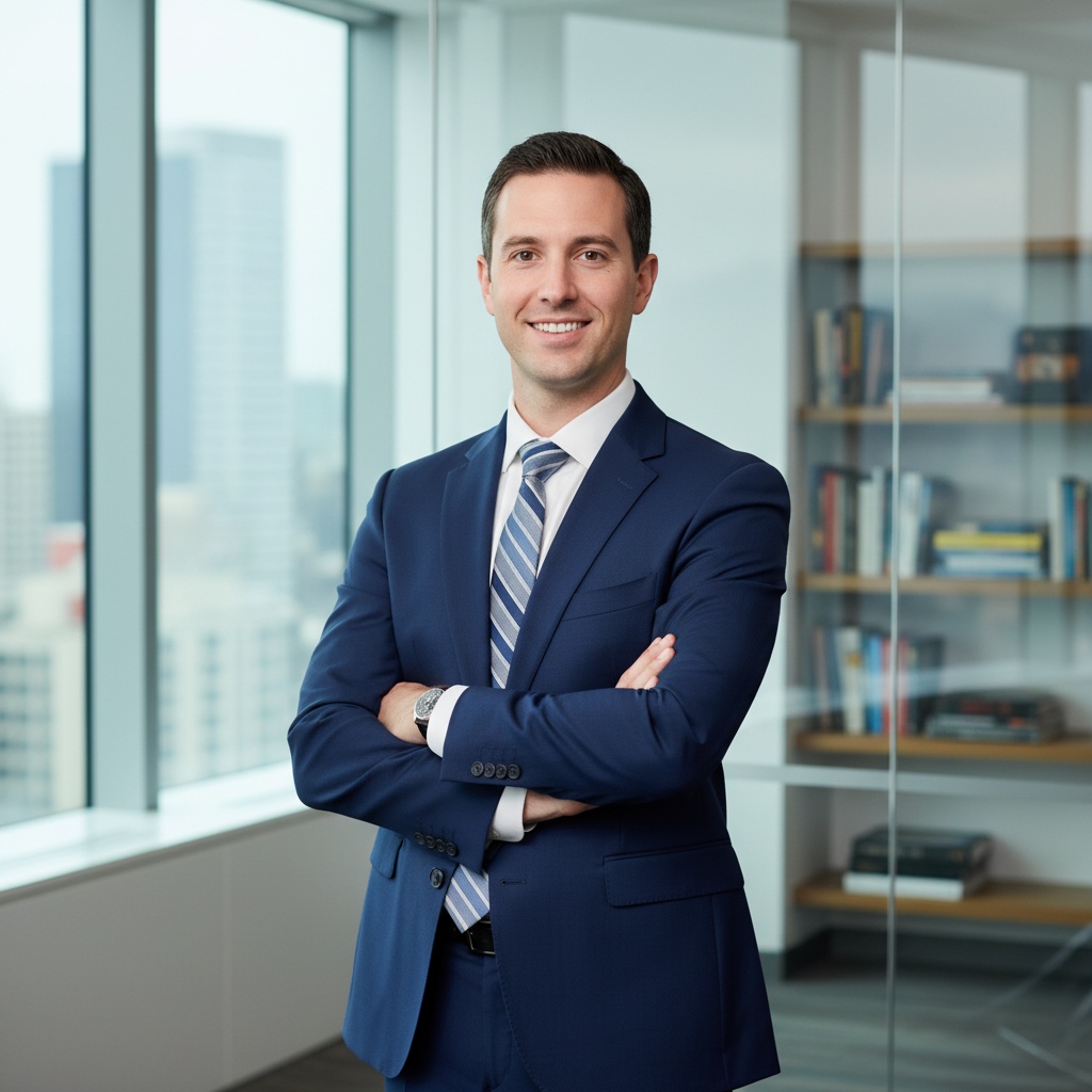 Smiling businessman in a blue suit with arms crossed, standing confidently in a modern office with large windows and bookshelves in the background.