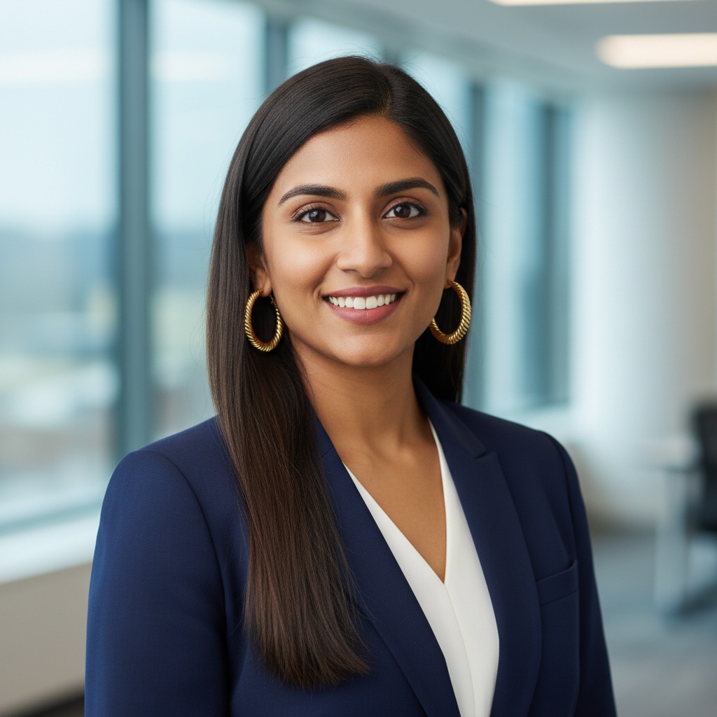 Smiling professional woman with long dark hair wearing a navy blazer and gold hoop earrings, standing in a modern office with large windows.