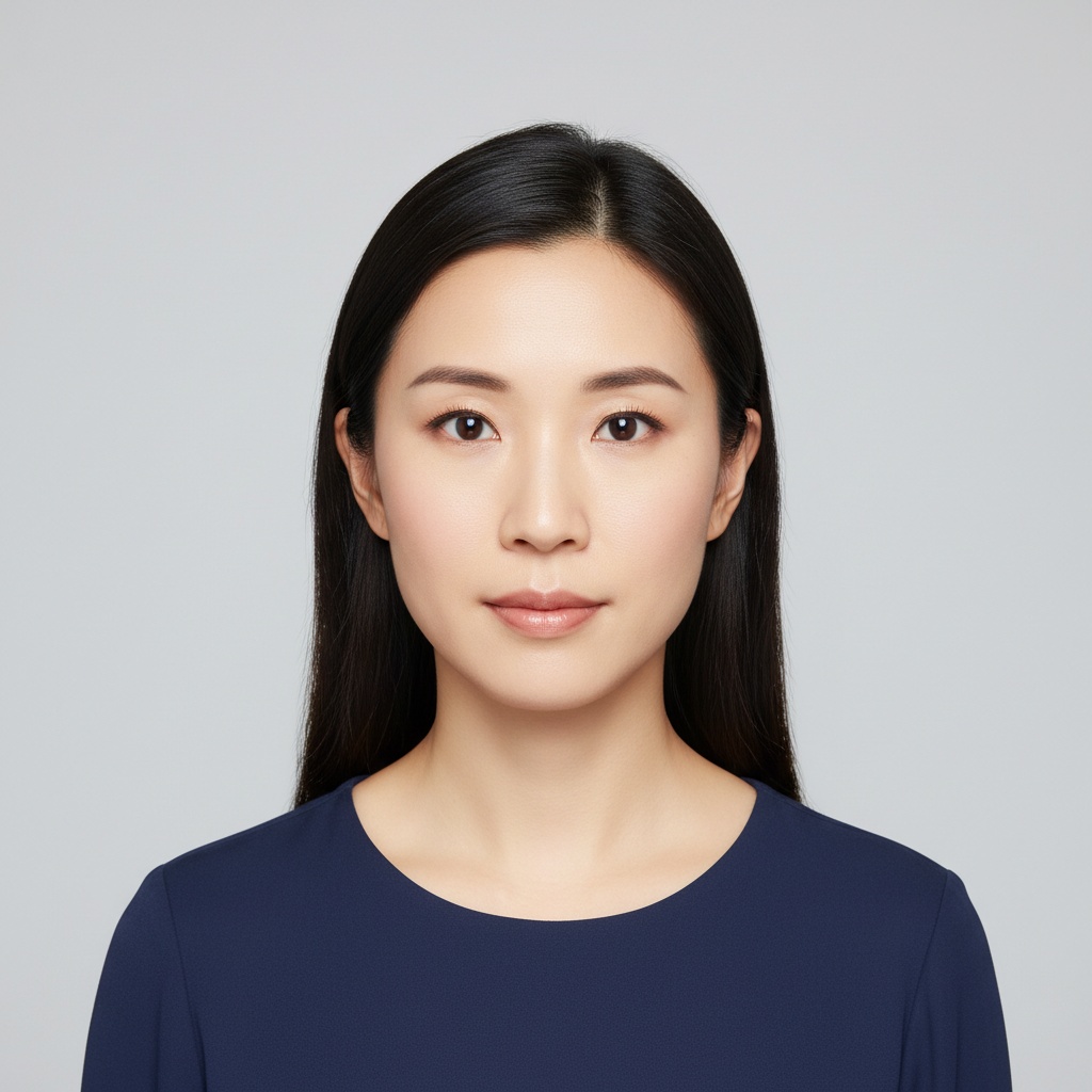 Headshot of a woman with straight, dark hair wearing a navy blue shirt, looking directly at the camera against a light gray background.