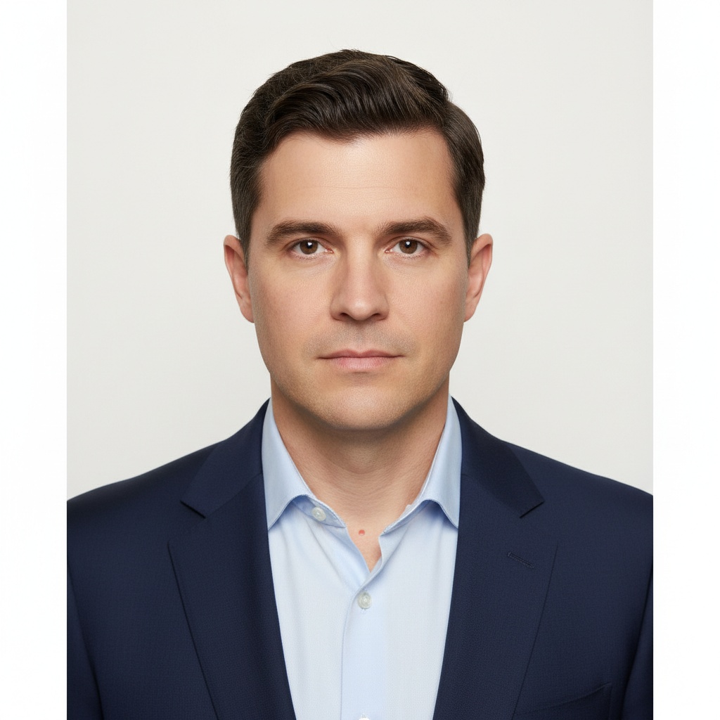 Professional headshot of a man in a navy blazer and light blue shirt, with short hair and a neutral expression against a plain white background.
