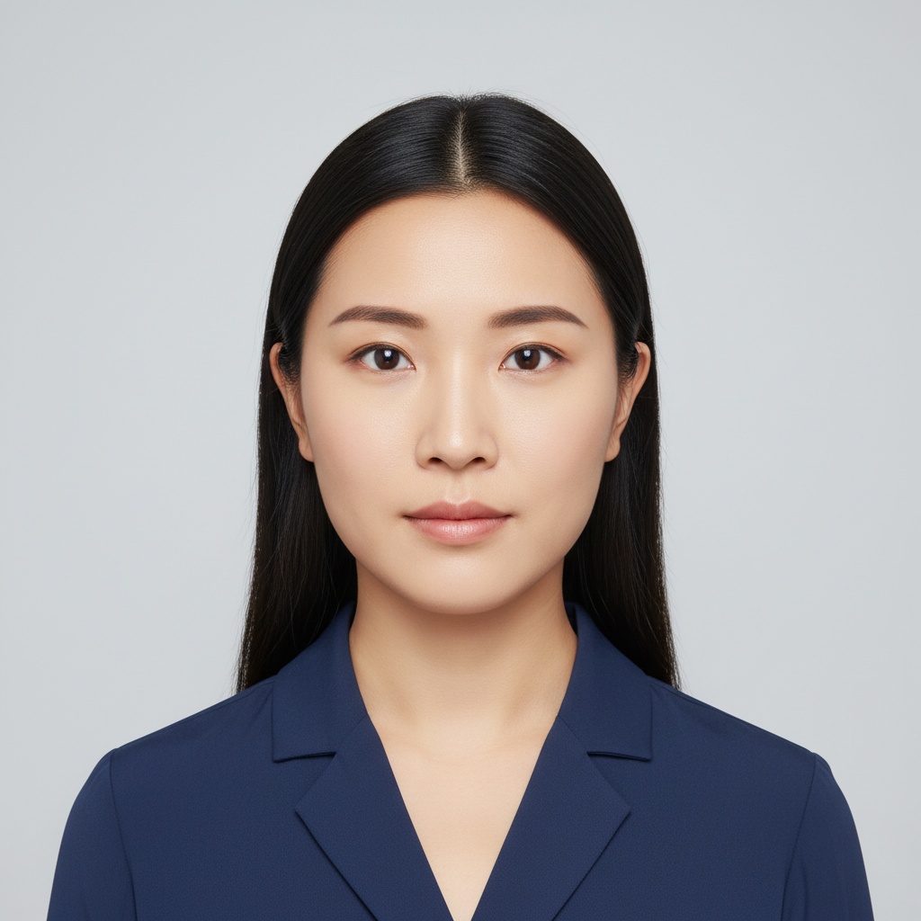 Professional portrait of a woman with long black hair, wearing a dark blue blazer, against a neutral background.