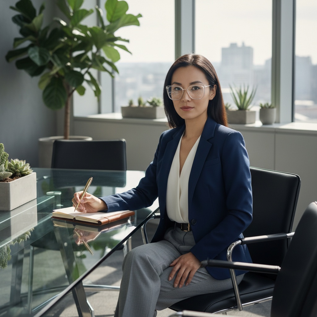 Businesswoman in a navy suit and glasses sitting at a conference table, writing in a notebook with plants visible in a modern office setting.