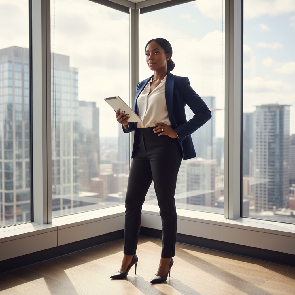 Businesswoman in a blue blazer and black pants stands confidently by a large window overlooking a city skyline, holding a tablet.