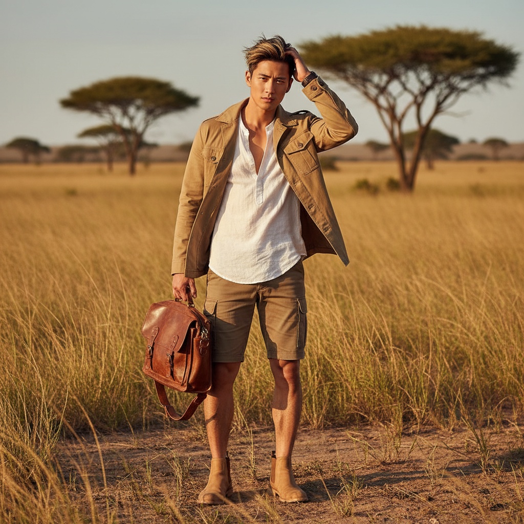 John, a striking 28-year-old Asian male model, stands confidently in an expansive savannah landscape, embodying the adventurous spirit of a modern-day explorer. He is outfitted in a lightweight khaki safari jacket over a breathable white linen shirt, paired with tailored cargo shorts and rugged ankle boots. His muscular frame projects confidence, with one hand resting on a vintage leather satchel and the other brushing through tousled, sun-kissed hair. The golden hour light bathes the scene, casting long shadows across the terrain, while wisps of tall grass frame him, enhancing the adventurous ambiance. The background features softly blurred acacia trees, reflecting a harmonious interplay between man and nature, reminiscent of a fashion narrative fitting for a Vogue spread. The composition captures the essence of wanderlust and discovery, highlighted by the trigger word John.
