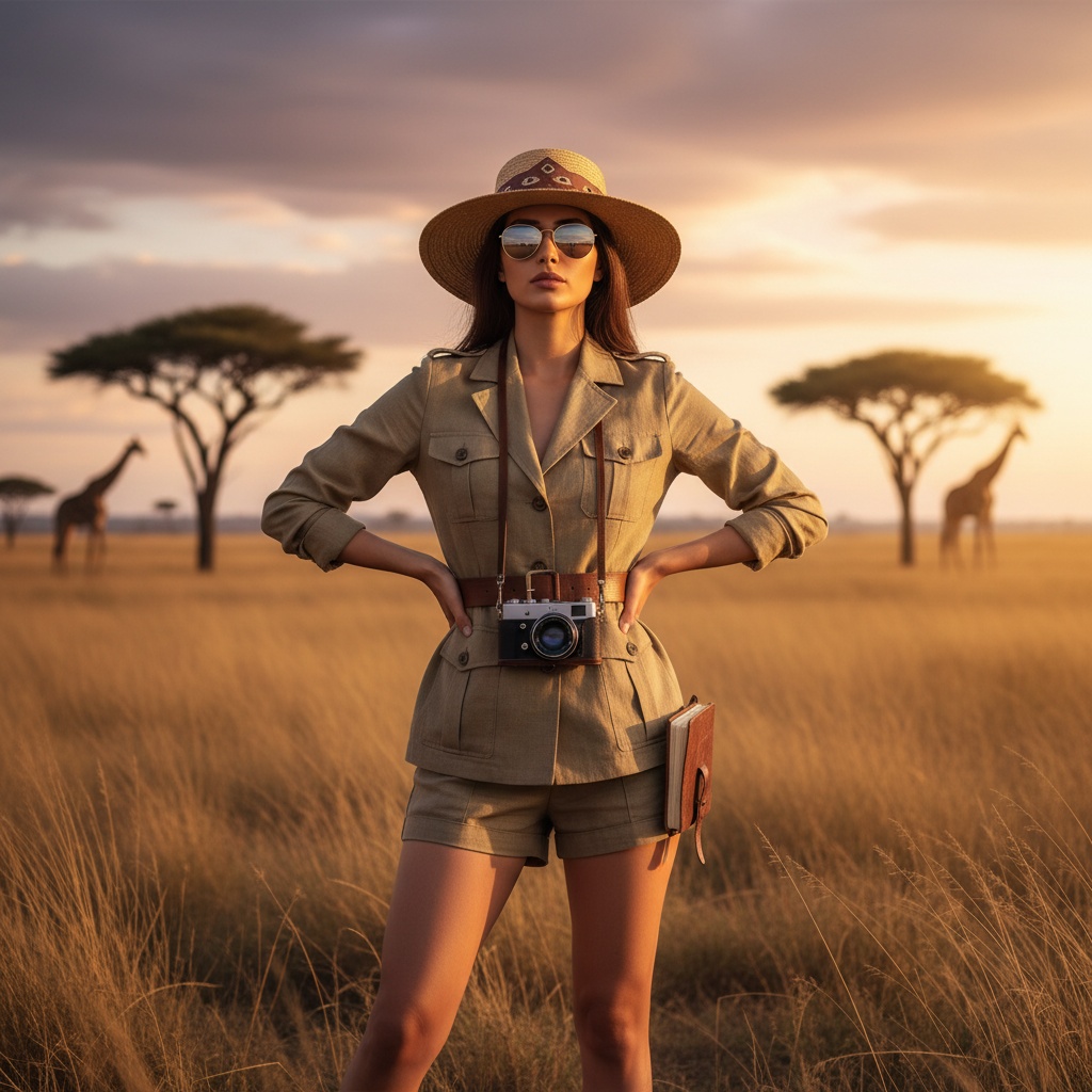 Emily, a 24-year-old Middle Eastern female adventurer, stands poised in a sun-drenched African savannah, embodying the spirit of exploration with effortless grace. She is dressed in a tailored khaki safari jacket made of breathable linen, cinched at the waist with a leather belt, paired with high-waisted shorts that showcase her long legs. A wide-brimmed straw hat shields her face while sunglasses reflect the golden-hued landscape. Her hands rest confidently on her hips, exuding ownership of the vast terrain around her. The warm, honeyed light of the golden hour softly illuminates her features, with acacia trees framing the background. This photograph captures the essence of adventure, invoking a yearning for freedom and celebrating the modern woman’s spirit—fearless, confident, and undeniably chic. **Trigger Word**: Emily