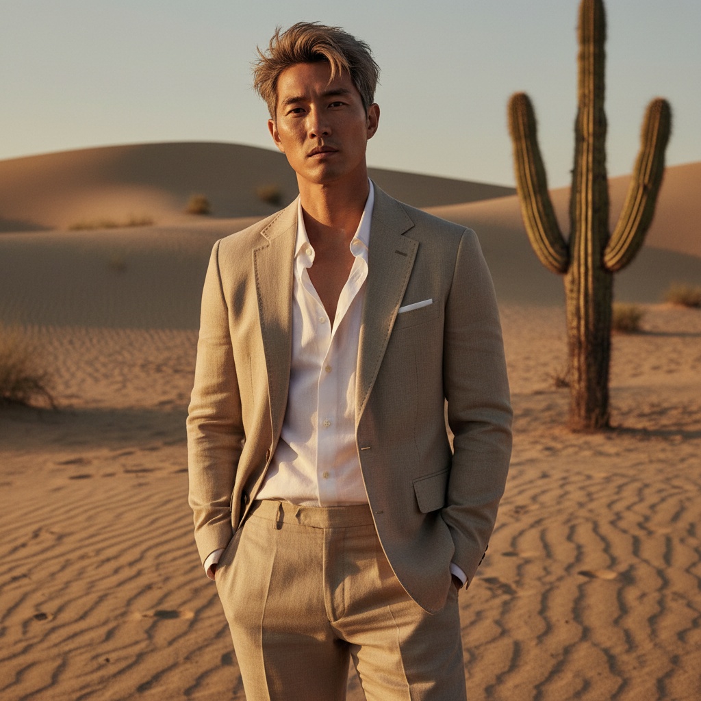 James, a striking Asian male figure aged 29, stands confidently in a sun-kissed desert landscape. He is dressed in a tailored sandy beige linen suit with a lightweight, unstructured blazer featuring subtle hand-stitched details, exuding modern sophistication. His tousled, sun-bleached hair catches the golden light, complementing a face marked by adventure. The crisp white cotton shirt is casually unbuttoned at the collar, hinting at relaxed elegance. Under the warm glow of the descending sun, his sharply defined jawline and sinewy physique are beautifully highlighted against the undulating dunes in the background, where shadows dance across the sand. A weathered cactus adds resilience to the scene, creating a serene and evocative moment. The composition adheres to the rule of thirds, capturing the juxtaposition of man and nature, embodying the spirit of adventure and high fashion, ideal for a high-fashion magazine.