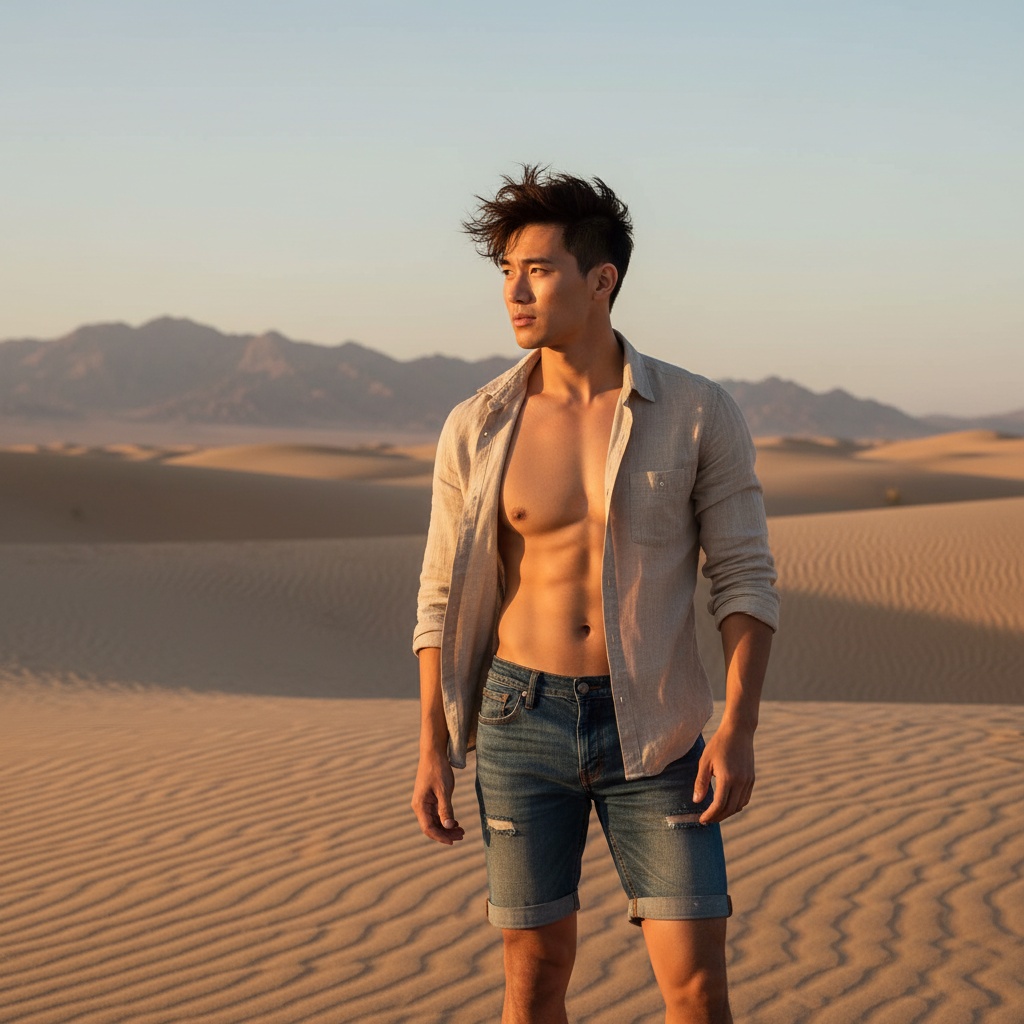 A striking portrait of John, a 22-year-old Asian male model, exuding rugged yet refined charisma in a vast, sun-drenched desert landscape. He wears a lightweight, sand-toned linen shirt unbuttoned at the collar, revealing a hint of sun-kissed skin, paired with tailored, distressed denim shorts. The golden hour bathes the scene in warm light, highlighting his chiseled physique amid the flowing sand dunes. With tousled hair flowing in the breeze, his contemplative expression invites viewers to ponder life's adventures. Positioned off-center according to the rule of thirds, John embodies a modern wanderer in this expansive, uncharted landscape, capturing the essence of freedom and exploration.