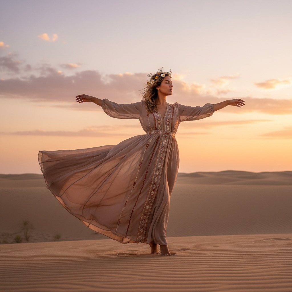 Sarah, a 26-year-old Latin woman, stands majestically in a vast desert landscape at golden hour, embodying a modern-day nomadic queen. She wears a flowing, earth-toned chiffon georgette gown that billows in the warm breeze, showcasing delicate hand-embroidered tribal patterns. Sun-kissed skin glows in the amber light, her sun-bleached hair adorned with small desert flowers. Barefoot and regal, she extends her arms towards the vastness, surrounded by gently curving sand dunes. The composition captures expansive skies and evokes feelings of freedom and introspection, forming a visual poem of strength and adventure. The shot is ideal for a prestigious magazine or art gallery.