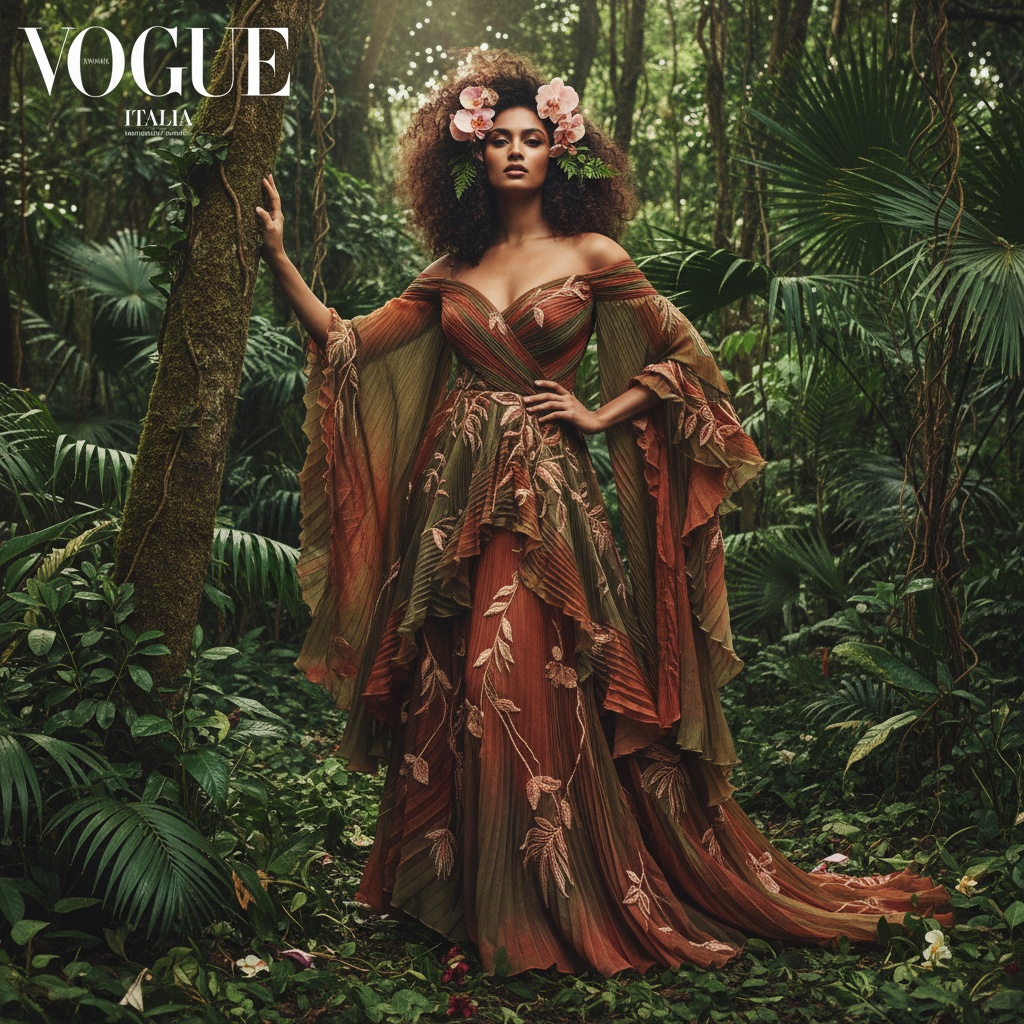 Jane, a fierce 31-year-old Indian female model, poised like a modern-day Amazon amidst a lush, tropical jungle. She wears an off-shoulder gown crafted from chiffon georgette in rich, earthy tones, featuring hand-pleated cascades and intricate leaf motifs. Her wild curls, intertwined with delicate orchids, enhance her ethereal allure. Dappled soft lighting cuts through the foliage, creating a chiaroscuro effect that highlights her strong features. Towering palm fronds frame her figure, emphasizing her commanding presence and celebrating the harmony between woman and wilderness, perfect for the pages of Vogue Italia.