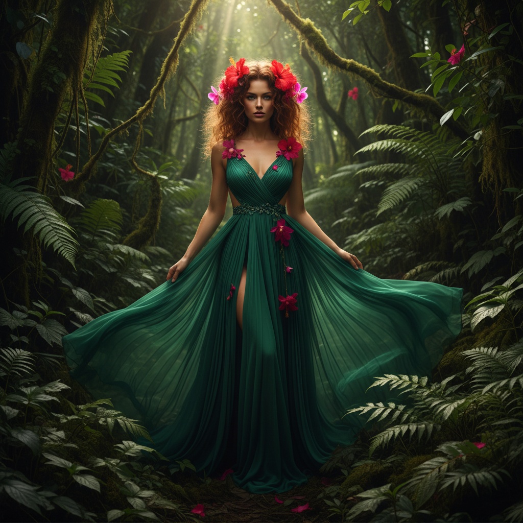 Sarah, a striking 31-year-old female jungle goddess, stands amidst the vibrant greenery of a lush rainforest, dressed in a flowing emerald chiffon georgette gown with intricately hand-pleated cascades. The gown reveals hints of her sun-kissed skin through delicate cut-outs, echoing dappled sunlight filtering through the canopy. Her wild, untamed curls are adorned with vivid hibiscus and fuchsia orchids, adding vibrant pops of color against the green backdrop. Her fierce yet serene expression and sharp eyes engage with her surroundings as beams of sunlight create a halo effect around her, enhanced by chiaroscuro lighting. The lush foliage serves as a rich, textured backdrop, accentuating the intricate details of her gown, embodying untamed elegance and fierce femininity in a natural setting.