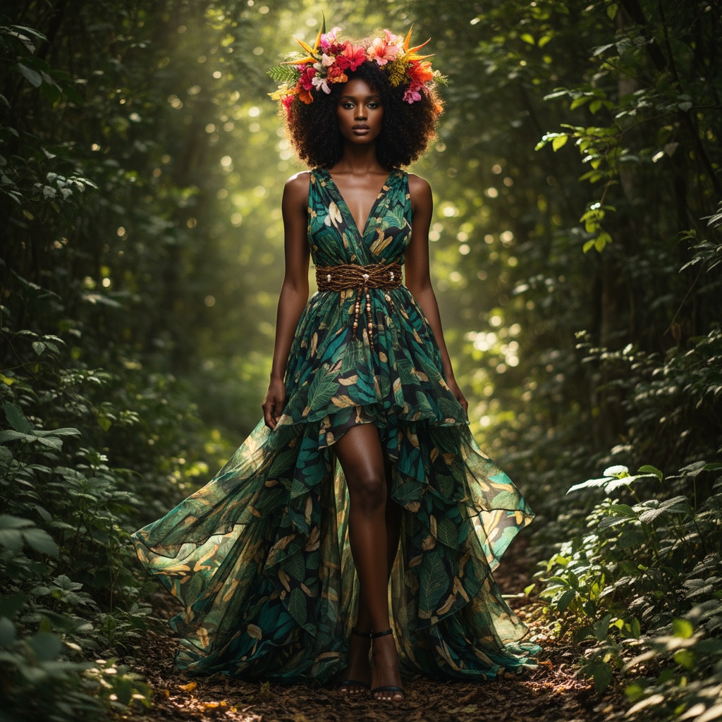 Sarah, a captivating 28-year-old black woman embodying the essence of a modern jungle queen, stands elegantly in an enchanting jungle setting. She wears a stunning, leaf-patterned chiffon gown that merges high fashion with the lush wilderness, showcasing earthy greens and vibrant emeralds. The gown features artful asymmetrical layers, revealing glimpses of her toned legs, cinched at the waist with a handcrafted vine belt. Her wild, textured waves adorned with colorful tropical flowers complement her striking features, highlighted by bold makeup in natural hues. Dappled sunlight filters through the treetops, creating intricate shadows and a rich depth of field that blurs the vibrant greenery behind her, emphasizing her serene and strong pose. This image is a perfect visual commentary on the harmony between humanity and nature, suitable for high fashion editorial.