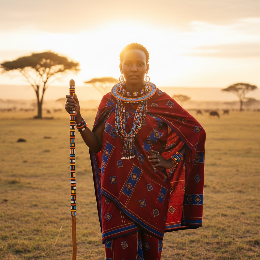 Sarah, a striking 26-year-old female subject embodying the spirit of an African queen, stands against the breathtaking backdrop of the Maasai Mara at golden hour. Dressed in a flowing, vibrant kanga adorned with traditional Maasai patterns in deep reds and rich blues, she exudes cultural pride. With a graceful posture, one hand rests on her hip and the other holds a handcrafted beaded staff. Her intricate jewelry features large, colorful Maasai beadwork cascading around her neck and hanging from her ears, symbolizing heritage and strength. The soft glow of the sun illuminates her striking features, creating a halo effect. The composition captures the expansive savanna dotted with acacia trees, emphasizing tranquility and empowerment—honoring the timeless grace of the Maasai people. The emotional impact is profound, inviting viewers into a world where traditional beauty meets modern allure. The trigger word 'Sarah' reflects the essence of this majestic scene.