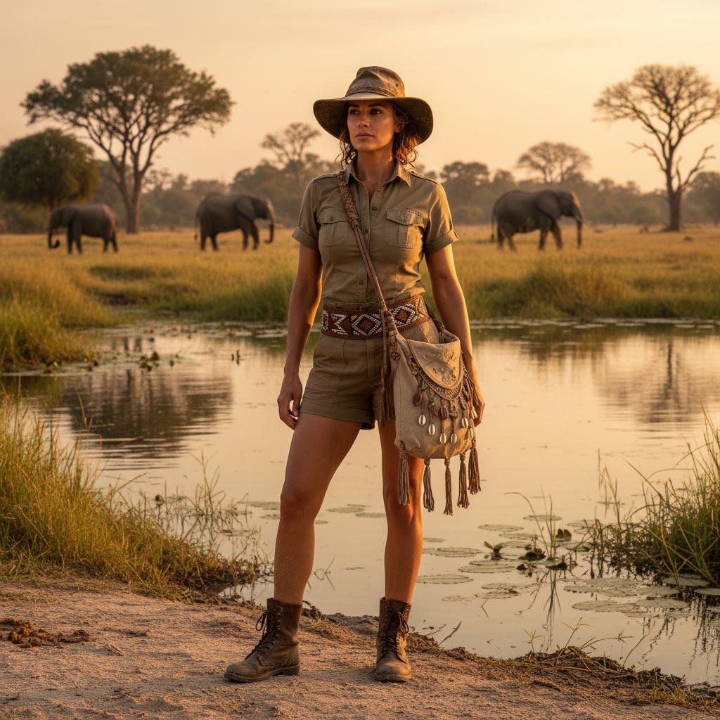 Emily, a 33-year-old female explorer of Middle Eastern descent, embodies the wild spirit of the Okavango Delta. Standing poised on the edge of a serene waterway, she wears an earthy-toned ensemble of a fitted khaki shirt and high-waisted shorts, complemented by a beaded leather belt and wide-brimmed hat. The golden hour light highlights her sun-kissed skin and rugged ankle boots dusted with local sand. Her handcrafted bag speaks to her connection with the regional culture. The lush vegetation and silhouettes of elephants in the tranquil background enhance the scene's adventurous spirit, perfectly framing Emily's strong, confident stance.
