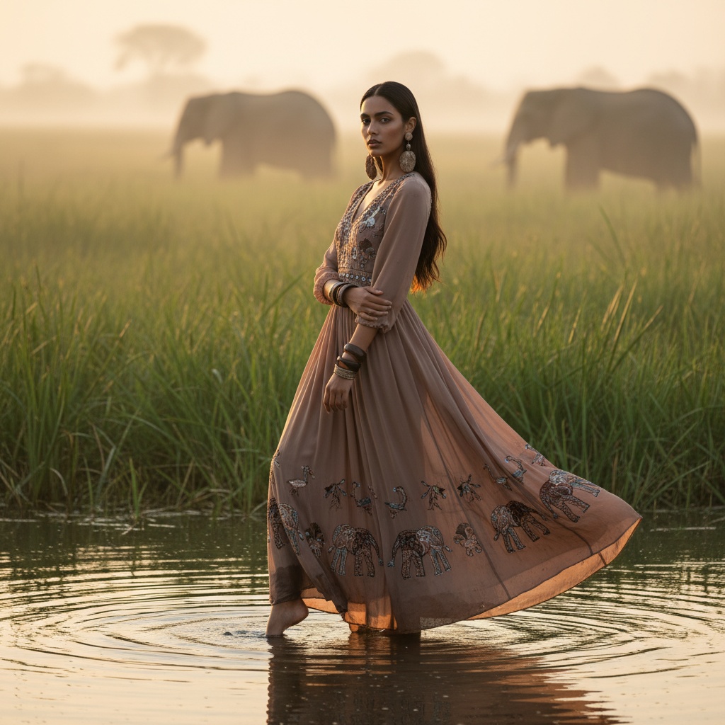 Sarah, a striking 24-year-old Arab female model, embodies the essence of a modern-day explorer in the breathtaking Okavango Delta. She stands poised at the water’s edge in a bespoke gown made from lightweight chiffon georgette in a rich clay tone, adorned with intricate hand-embroidered beadwork that reflects local wildlife patterns. Accessories include oversized earrings made of natural stones and leather bracelets. One foot steps gently into the shimmering water, and her elegant pose evokes the natural rhythm of the land, with vivid green papyrus and a soft mist framing her. A pair of elephants can be seen in the distance as the golden light of sunrise envelops the scene, captured with soft, diffused lighting to enhance the textures and resonate a feeling of connection with nature. This image reflects a serene defiance, celebrating the beauty of fashion and adventure within the wild.