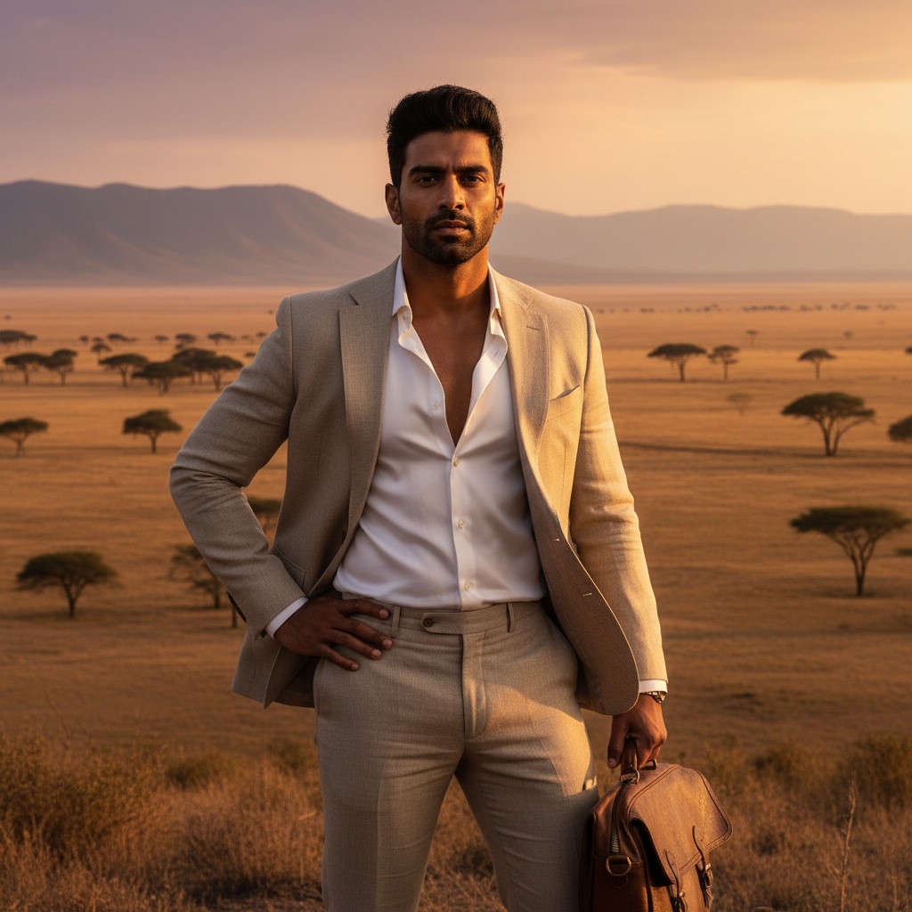 David, a ruggedly handsome Indian man aged 31, stands at the edge of an expansive savannah, embodying the spirit of a modern-day explorer. He wears a tailored sandy-beige linen suit with an unbuttoned white silk shirt, both billowing in the warm golden breeze. His strong jawline is illuminated by the setting sun, enhancing the chiaroscuro effect against the rich earthy tones of the landscape dotted with acacia trees. One hand rests on his waist while he holds a vintage leather satchel, projecting a blend of authority and grace amidst the stunning savannah backdrop. The composition captures the essence of adventure and contemporary elegance, evoking emotions of freedom and respect for nature.