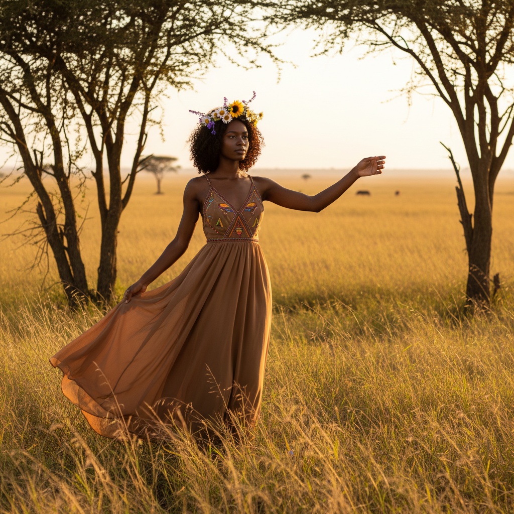 A striking portrait of a 23-year-old Black woman, Emily, embodying the spirit of the African savannah. She stands tall and poised amidst golden grasses, illuminated by the warm, late afternoon sun casting a soft glow on her flawless skin. Dressed in a flowing, earth-toned maxi dress crafted from lightweight chiffon, the garment billows gently in the breeze, featuring subtle hand-sewn beadwork that reflects the colors of the sunset. Her natural curls are adorned with a delicate crown of wildflowers, radiating organic beauty. The pose embodies serenity and strength as she reaches out gracefully, inviting the landscape to dance with her, capturing the connection between humanity and nature. The composition follows the rule of thirds, placing her off-center amidst the sweeping savannah landscape, framed by acacia trees. Golden hour hues enhance the warm palette, creating a luminous halo effect around her figure, evoking themes of freedom and connection with the wild. This photograph captures a timeless moment where nature and humanity coexist beautifully.