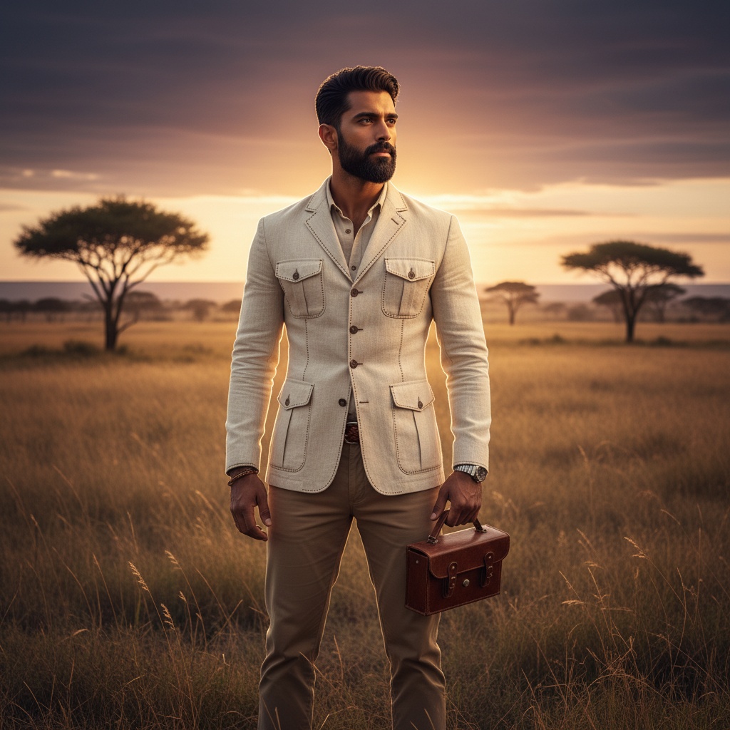 James, a ruggedly handsome Indian male aged 33, stands confidently in the heart of an expansive African savannah at sunset. He sports a tailored ivory linen safari jacket with intricate embroidery, lightweight khaki trousers, and a woven leather belt that accentuates his waist. His strong jawline and well-groomed beard are highlighted by the warm golden sunlight, which creates a halo effect around him. With a vintage leather binocular case in hand, he gazes across the horizon, reflecting a deep connection to the landscape. The natural light captures the textures of his attire and the wild grasses, evoking a sense of exploration and the majestic beauty of nature, inviting viewers to contemplate their own adventures in the wild. The composition follows the rule of thirds, emphasizing both his presence and the vast savannah dotted with acacia trees under a sprawling sky, reminiscent of an ethereal painting.
