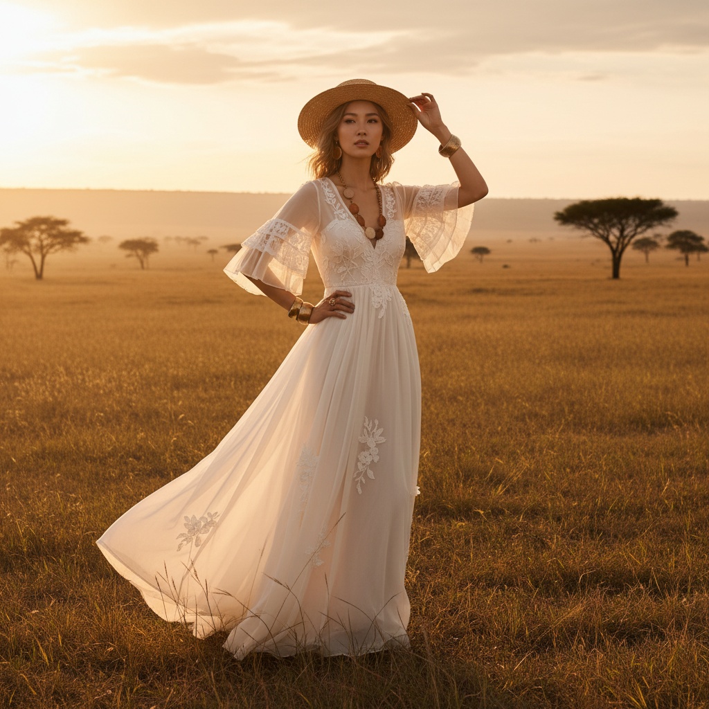 Jane, a striking 31-year-old Asian woman, stands confidently in the vast, golden savannah landscape, wearing a flowing ivory chiffon gown that shimmers in the warm breeze. The gown's delicate hand-embroidered floral motifs and sheer, layered sleeves create an ethereal glow. Her sun-kissed waves frame her strong features, and she accessorizes with bold earth-toned jewelry. With a wide-brimmed hat casting shadows on her face, Jane strikes a powerful pose, one hand on her hip and the other touching her hat, embodying resilience and grace. The golden hour light enhances the dramatic landscape, making this scene not only captivating but also deeply symbolic of empowerment and connection with nature. The composition follows the rule of thirds, accentuating the savannah’s rolling hills fading into the horizon.