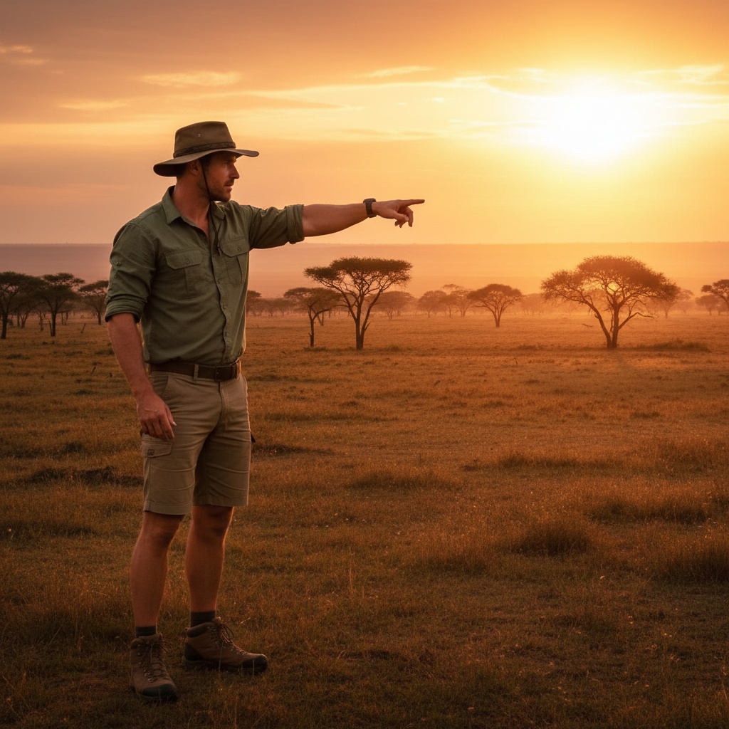 James, a 33-year-old male safari guide exuding rugged charm and adventurous spirit, stands tall against the breathtaking expanse of Serengeti National Park. He is dressed in khaki shorts and a fitted olive-green utility shirt, wide-brimmed hat shading his sun-kissed skin, with sturdy hiking boots on his feet. The backdrop features rolling savannahs dotted with acacia trees under the warm glow of the golden hour, casting long shadows across the landscape. His arm extends confidently towards the horizon, inviting viewers to join on an adventure, embodying exploration and connection to nature. The composition adheres to the golden ratio, emphasizing his silhouette against the expansive sky and evoking a sense of freedom within the majestic beauty of the African wilderness. This image captures the heartbeat of adventure the Serengeti inspires, featuring a warm color palette that complements his earthy attire.