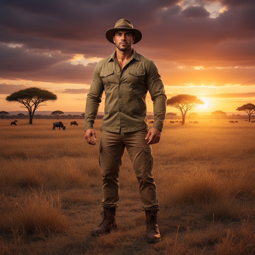 John, a ruggedly handsome Latin male adventurer aged 33, stands boldly amid the vast golden grasses of Serengeti National Park. He wears a tailored khaki safari jacket, beige cargo trousers, and sturdy leather boots. His weathered skin and penetrating gaze hint at countless adventures, topped with a stylish canvas fedora. The sunset behind him casts warm golden hues, emphasizing his strong jawline and creating dramatic shadows. Silhouetted acacia trees define the background against an explosion of orange and purple in the sky, while distant wildebeest graze peacefully, highlighting the juxtaposition of man versus nature.