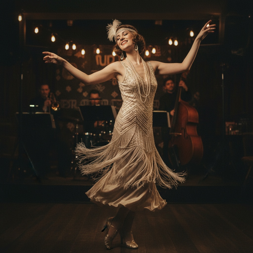 Jane, a 31-year-old Caucasian woman, embodies the opulent elegance of the Roaring Twenties in an intimate jazz club scene. She wears a stunning champagne-colored silk chiffon dress adorned with intricate hand-beaded fringes that sway gracefully with her movements. A feathered headband with a sparkling brooch accents her wavy bob hairstyle, while strands of pearls and vintage drop earrings complete her flapper-inspired look. Poised with one leg slightly bent, arms extended delicately and head tilted back, she radiates joy and confidence against a backdrop of swirling silhouettes of musicians and warm vintage lighting. This captivating editorial captures the spirit of liberation and femininity through soft, diffused illumination and dramatic chiaroscuro, evoking nostalgia for a vibrant, adventurous era.
