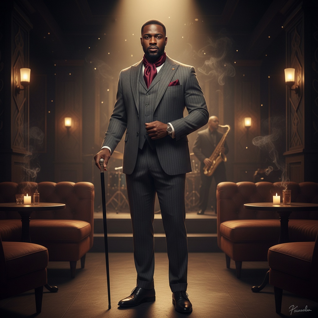 Michael, an enigmatic 34-year-old black male figure, embodies the debonair charisma of the 1920s Harlem Jazz Age. Clad in a tailored charcoal pinstripe suit and a deep merlot silk cravat, he exudes confidence, holding a classic black cane in one hand. The backdrop is a dimly lit speakeasy filled with Art Deco elements, accentuated by a warm spotlight that highlights his chiseled features. The atmosphere is vibrant with a hint of cigar smoke, inviting viewers into a world of jazz, style, and culture.