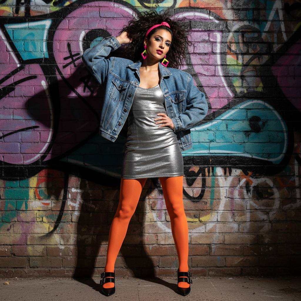 Emily, a striking 23-year-old Latina female model, embodies the vibrant energy of the 1980s against a graffiti-laden urban backdrop. She wears a dazzling acid-wash denim jacket with oversized shoulder pads over a fitted metallic silver mini dress, styled with a voluminous explosion of teased waves crowned with a neon scrunchie. Her playful stance, with one hand on her hip and the other tossing her hair back, reflects the rebellious spirit of the era. Bold geometric earrings and neon tights paired with pointy-toed stiletto pumps complete her audacious look. The lighting captures sharp contrasts, highlighting the exuberance and self-expression of the 80s, inviting viewers to celebrate the decade's daring individuality.