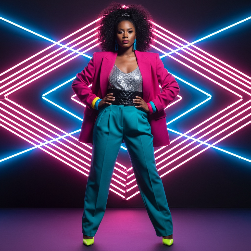Olivia, a striking 26-year-old Black woman, channels the exuberance of 1980s fashion with a modern twist. She wears an oversized fuchsia blazer with exaggerated shoulder pads over a shimmering silver sequined top, cinched at the waist with a wide, quilted black patent belt. Her pleated high-waisted teal trousers flow elegantly to the floor, revealing bold neon yellow stilettos. Large geometric earrings in electric blue and a stack of colorful bangles enhance her playful confidence. Posing in a dramatic stance with one foot forward and hands on her hips, her voluminous curls adorned with a black scrunchie frame her face. The retro pink and blue neon backdrop illuminates the scene, capturing the electrifying energy and essence of 1980s nightlife, celebrating fashion as a jubilant declaration of self-expression. The lighting highlights her features while casting bold shadows. The mood exudes vibrancy and nostalgia.