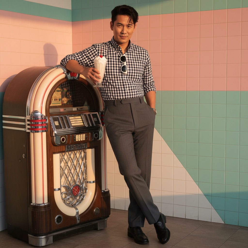 David, a charismatic Asian male figure aged 34, embodies the quintessential 1950s retro aesthetic with a contemporary twist. He stands confidently against vibrant pastel-colored diner tiles, wearing a fitted navy and white gingham check shirt tucked into high-waisted charcoal trousers, paired with polished black loafers. His tousled hair is slicked back, evoking a James Dean spirit, and cat-eye sunglasses hang casually from his collar. David leans against a classic jukebox, one hand in his pocket, the other holding a vintage milkshake topped with whipped cream and a cherry. The warm, golden hour lighting creates a nostalgic atmosphere, emphasizing his dynamic pose that celebrates the playful elegance of 1950s Americana. This image resonates with carefree nostalgia and youthful daring.