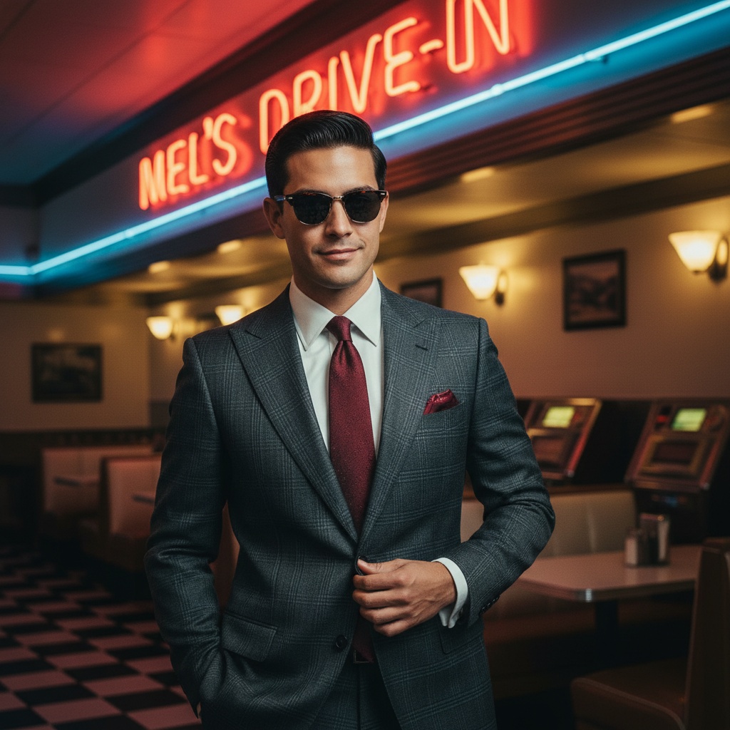 James, a charismatic 24-year-old Latin male, channels the vibrant spirit of the 1950s in a retro-themed editorial shoot. Standing confidently under a classic diner neon sign, he is dressed in a tailored charcoal plaid suit with sharp peak lapels, a crisp white button-up shirt, and a rich burgundy silk tie. His slicked-back hair and retro cat-eye sunglasses complete the look. The backdrop features checkered floors and vintage jukeboxes in soft focus, illuminated by warm lighting that casts a golden glow. His pose, with one hand in his pocket and the other adjusting his tie, encapsulates the charm and rebellion of Fifties youth culture, evoking a playful longing for a bygone era. The photograph highlights high contrast and vibrant colors reminiscent of classic film stills.