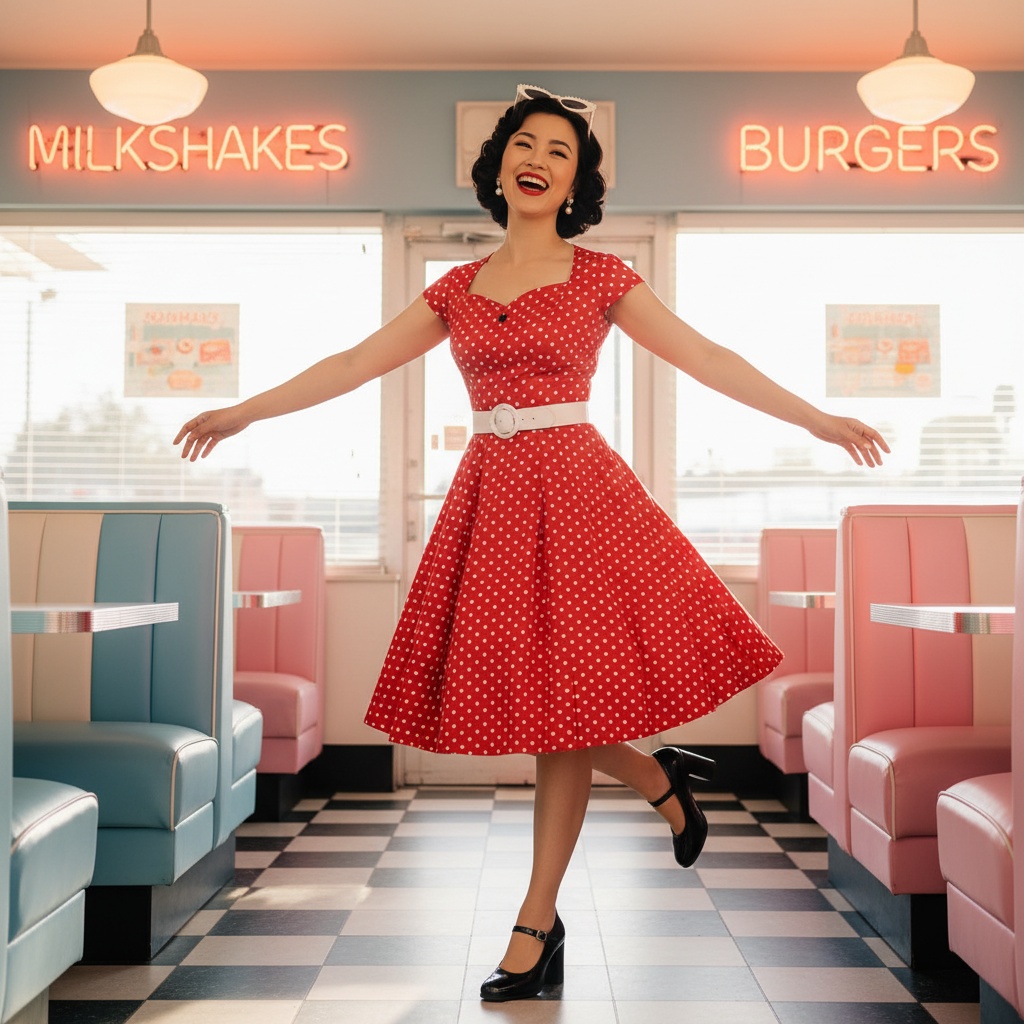 Jane, a confident 33-year-old Asian woman, channels the high-octane glamour of 1950s Americana in a vibrant red polka dot swing dress at a classic diner. The dress cinches at the waist with a whimsical white leather belt, flaring out in hand-stitched pleats. Her white cat-eye sunglasses rest atop her head, complemented by delicate pearl earrings and classic black patent leather Mary Jane heels. Caught mid-laugh with one leg playfully bent and arms outstretched, she embodies vitality and charm. The whimsical backdrop features retro signage and pastel colors, enhanced by warm golden hour lighting, creating a nostalgic yet modern ambiance. This image celebrates femininity and individuality with playful confidence, evoking a joyful spirit of the 1950s.