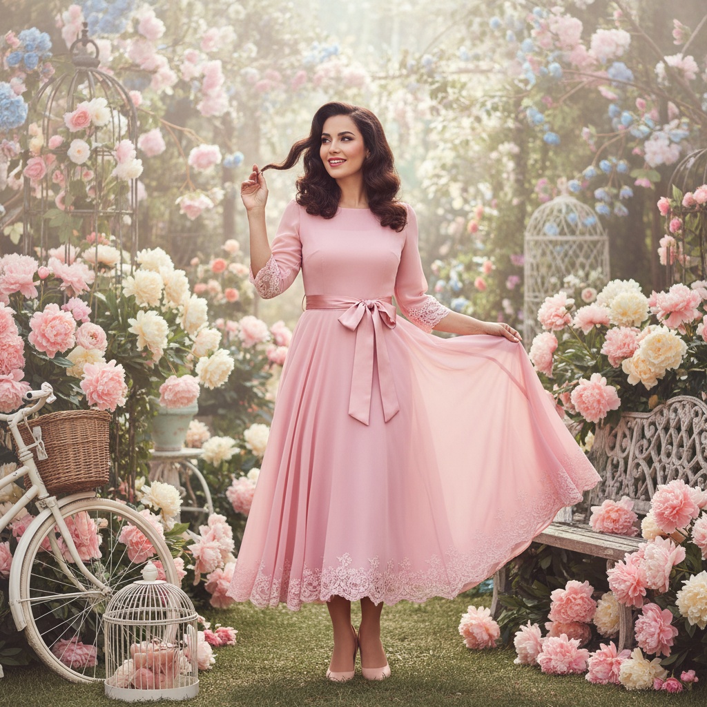 Sarah, a vibrant 35-year-old Middle Eastern woman, embodies the fearless femininity of the 1950s in an editorial setting. Draped in a soft pink chiffon tea-length gown with intricate lace trims and a satin ribbon cinching at the waist, she radiates elegance and charm. Her playful pose includes one hand gracefully twirling a strand of her retro waves while the other holds her skirt, set against a lush pastel-colored garden filled with blooming peonies and vintage elements. Soft, diffused lighting enhances the scene's nostalgic feel, celebrating modern femininity with a timeless twist. The image evokes joy and nostalgia, capturing the essence of 1950s glamour in a contemporary context.