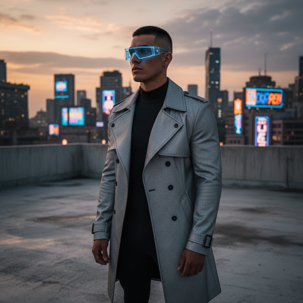 David, a 26-year-old Latin male model, epitomizing the essence of a near-future urban warrior, stands tall in a sleek, minimalistic rooftop setting at dusk. He is clad in a tailored, asymmetrical coat made from reflective silver canvas over a fitted black bodysuit. Angular, translucent visors shield his eyes, subtly illuminated, casting an ethereal glow. His architectural buzz cut frames a strong jawline as he gazes towards a distant skyline. Dramatic side lighting enhances his muscular frame and the coat’s reflective surface, set against an urban backdrop filled with neon lights and futuristic architecture, projecting strength and mystery.