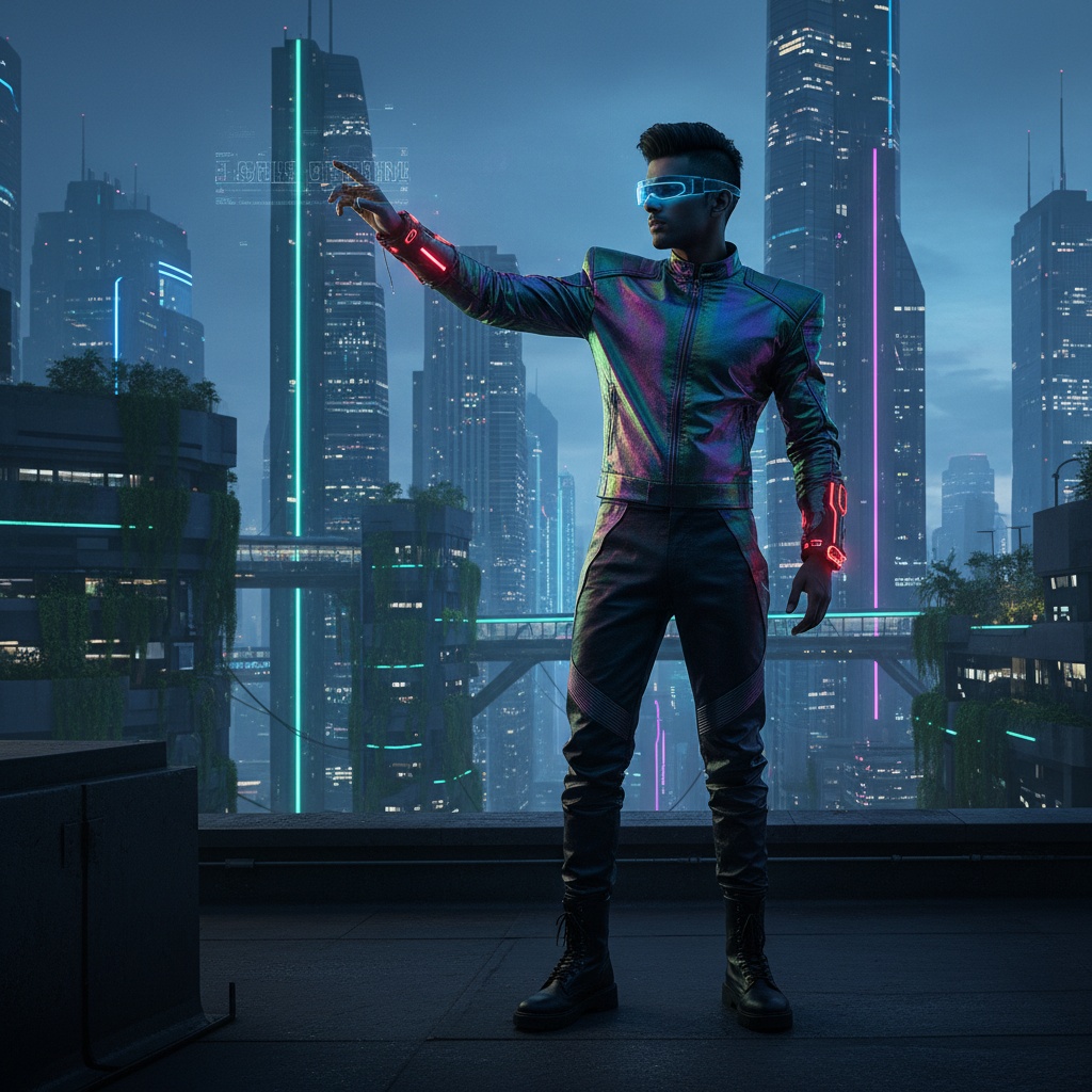 Michael, a striking 28-year-old Indian male, stands on a rooftop overlooking a futuristic urban landscape illuminated by neon lights. He is dressed in an avant-garde ensemble featuring an iridescent fitted jacket with exaggerated shoulders made from reflective technical fabric, paired with high-waisted trousers that have intricate cutouts revealing sleek combat boots. His bold undercut hairstyle and cybernetic accessories like a sleek visor and angular wrist gadgets fuse fashion and technology seamlessly. Michael reaches towards the skyline in a dynamic pose, embodying aspiration and hope. The cityscape behind him blends towering skyscrapers with greenery, while chiaroscuro lighting dramatically highlights his features and attire, creating a narrative of curiosity and adventure in a world of possibilities. The overall scene is set in a future scenario, making it both captivating and thought-provoking.