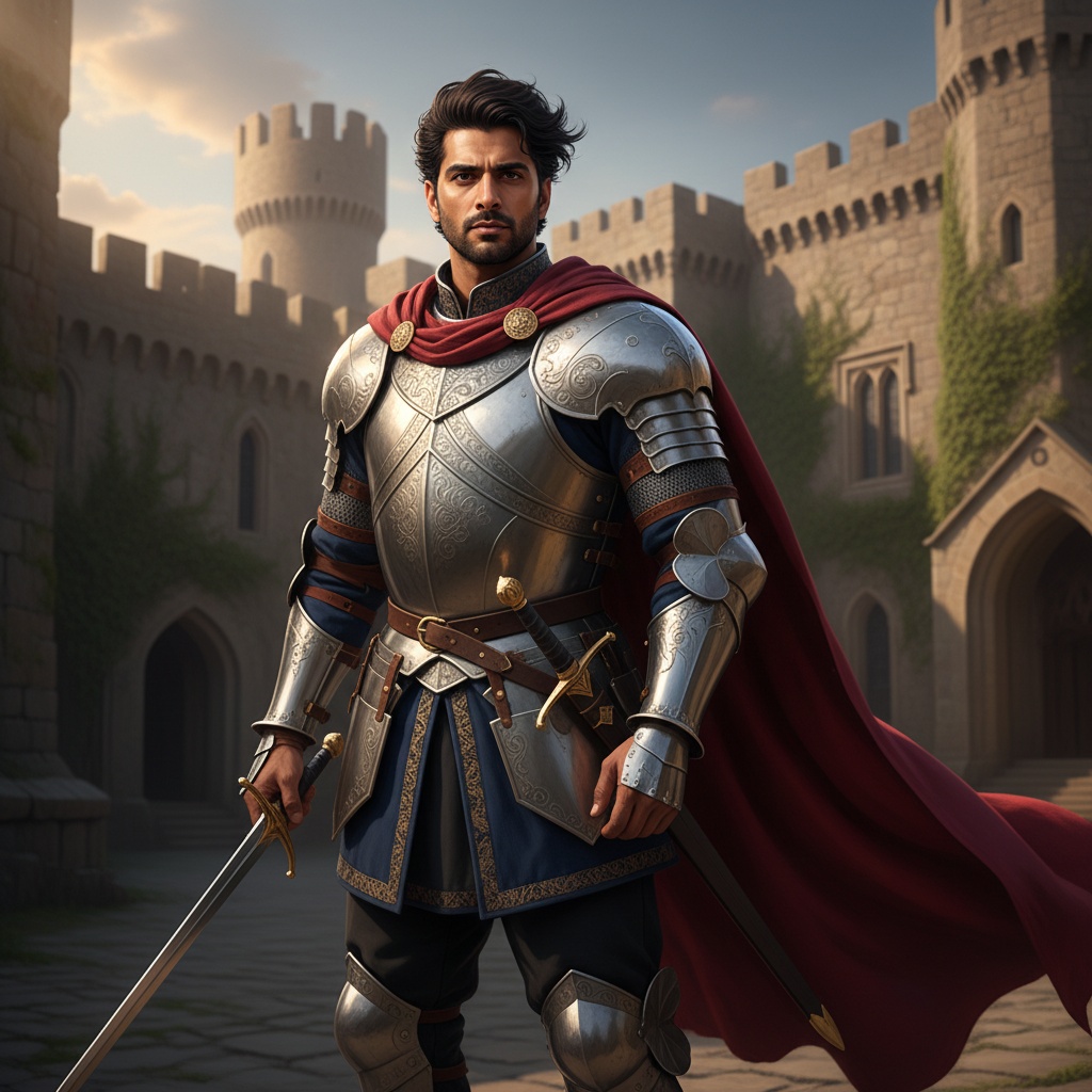 James, a regal 33-year-old Indian male figure portraying the valor of a medieval knight, stands poised in an expansive castle courtyard. Clad in intricately designed armor that glistens like liquid silver with ornate engravings and rich cobalt velvet accents, he features a flowing crimson cape billowing dramatically in the afternoon breeze. His chiseled features are highlighted by a tousled mane of dark hair and a finely crafted sword rests confidently at his side. The castle's stone architecture, gently entwined with ivy, serves as a striking backdrop. The late afternoon sun casts diagonal beams, creating a chiaroscuro effect that accentuates his powerful stance and the gleaming surfaces of his armor, embodying the essence of a heroic saga.