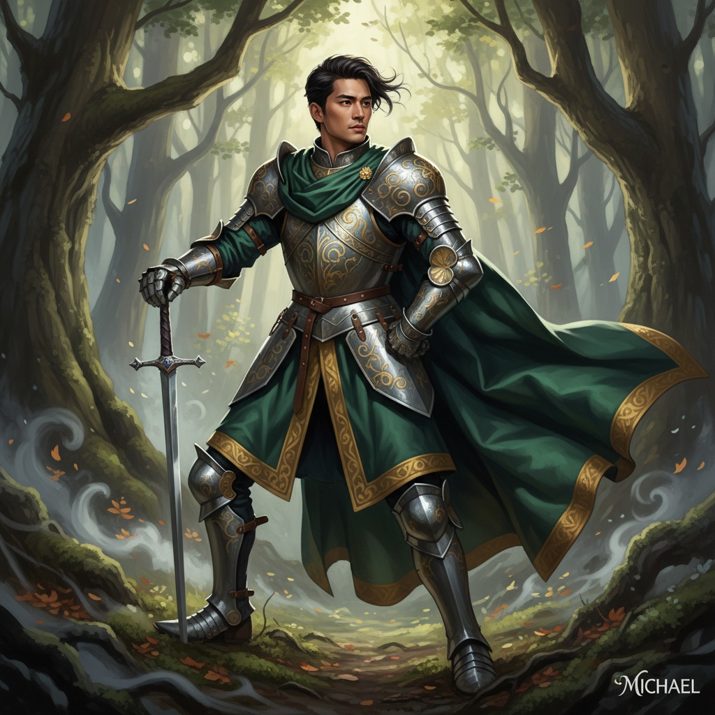 Michael, a striking figure of a 32-year-old Asian male knight, stands elegantly in a dramatic medieval setting. Clad in intricately detailed burnished steel armor with ornate engravings, he exudes nobility and strength. His ensemble features flowing layers of emerald-green and gold-toned fabrics, resembling royal regalia. In a powerful pose, one armored hand rests confidently on the hilt of a gleaming sword embedded in the ground, while his other hand is tucked behind him, radiating readiness. His piercing gaze thoughtfully surveys the misty forest background, where dappled light filters through ancient trees, casting soft chiaroscuro shadows that highlight his sculpted features. This atmospheric scene captures the essence of medieval valor and romanticism, merging adventure and elegance, ready for a cutting-edge fashion editorial: Michael.