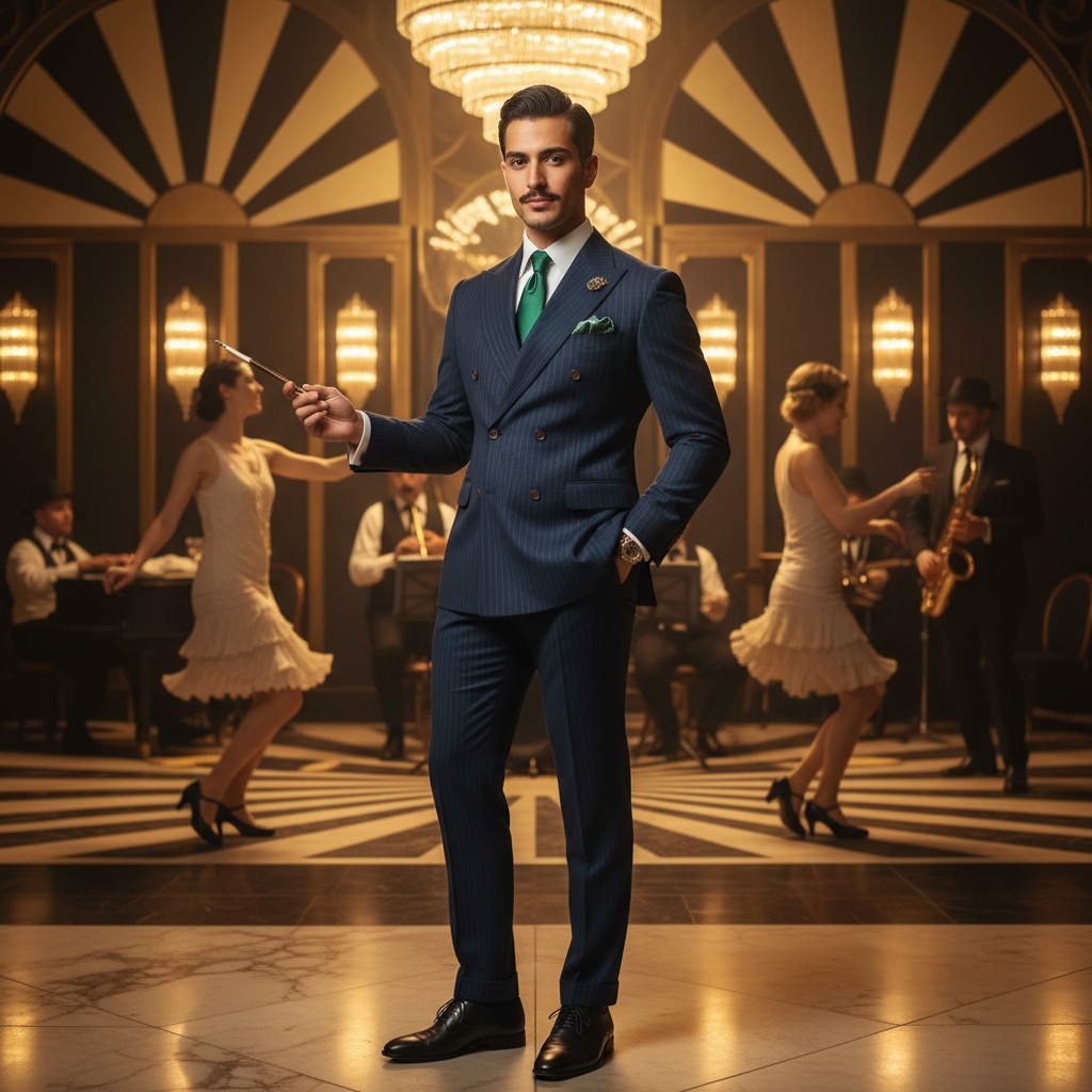 John, a striking 25-year-old Middle Eastern male figure embodying the daring spirit of the Roaring Twenties, stands poised in an opulent Art Deco setting. He is clad in a tailored midnight blue pinstripe suit made of lightweight wool, complete with a double-breasted blazer and wide lapels, blending sophistication with rebellion. His crisp collar is accentuated by a silk tie in jewel-toned emerald, and a delicate pocket square peeks out, whispering elegance. His hair is slicked back in a modern Gatsby style and a well-groomed mustache adds to his theatrical charm. The backdrop features elaborate geometric patterns with rich gold accents, and warm amber lighting creates depth and richness. John’s confident yet relaxed posture, with one hand in his pocket and the other gesturing, invites viewers into a world of flappers, jazz, and late-night revelry, capturing the intoxicating blend of elegance and excitement of the era.