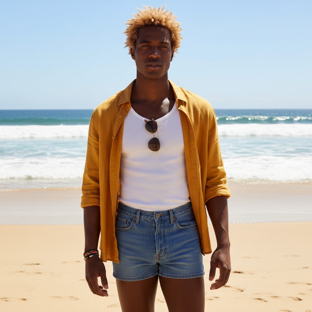 John, a striking 23-year-old Black male, confidently stands on the golden sands of the Australian coast in this editorial shoot. He wears an oversized linen shirt in a warm ochre hue, open to reveal a crisp white tank top, rolling up its sleeves to showcase his toned forearms. Tailored vintage denim shorts cinched at the waist complement his laid-back yet polished aesthetic. Sun-kissed skin glows under the high-noon sun, with tousled sandy blond hair framed by a gentle sea breeze. Retro statement sunglasses hang effortlessly on his shirt collar, and woven friendship bracelets echo the carefree Australian surf culture. The image captures the essence of summer with a highly saturated blue sky and shimmering sea backdrop, illuminated in bright yet soft lighting that accentuates his features, evoking a sense of adventure and freedom.