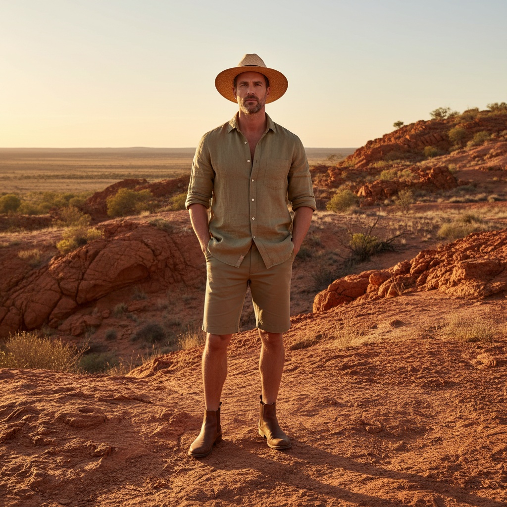 John, a charismatic male model aged 30, embodies the spirit of adventure in an Australian-inspired fashion editorial. He stands against the breathtaking backdrop of rugged outback terrain at sunset, dressed in a lightweight khaki-colored linen shirt with rolled-up sleeves and tailored shorts that highlight his athletic build. His ensemble is complemented by a wide-brimmed straw fedora and rugged brown leather ankle boots. With one hand in his pocket and the other on his hip, he exudes confidence, framed by warm golden hues and the stunning red earth of the Australian landscape. The photograph captures the essence of freedom and the fusion of high fashion with rugged nature, destined for the pages of a fashion-forward publication.