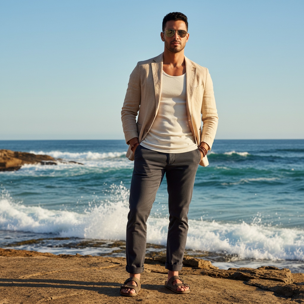 Michael, a 31-year-old male model of Latin descent, stands on sun-drenched coastal rocks in Australia, embodying the spirit of the landscape. He wears a lightweight sandy-beige linen blazer over an ivory cotton tank top, tailored charcoal cotton pants, revealing rugged leather sandals. Accessories include a leather bracelet and aviator sunglasses reflecting the ocean. Golden sunlight filters through a crystalline blue sky as waves crash in the background. His pose is relaxed, one hand in his pocket, exuding effortless masculinity amidst nature's grandeur. The photograph, taken with natural light and shallow depth of field, captures the rugged allure of Australia's coastline, inviting a sense of adventure and authenticity.