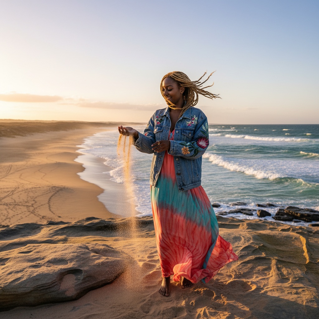 Olivia, a spirited 22-year-old Black woman, embodies the essence of Australian summer at a breathtaking coastal vista. She stands on a rugged sandstone outcrop wearing a flowing coral and turquoise hand-dyed chiffon georgette maxi dress, complemented by an oversized denim jacket adorned with hand-embroidered native flora. With sun-kissed skin and sandy-blonde hair billowing in the wind, she exudes a carefree yet confident spirit. The warm golden hour light beautifully illuminates her as she playfully sifts through the air, surrounded by golden sands and crashing azure waves. This image captures the youthful adventure and beauty of Australia's landscapes, leaving viewers inspired by her connection to nature and the promise of exploration.