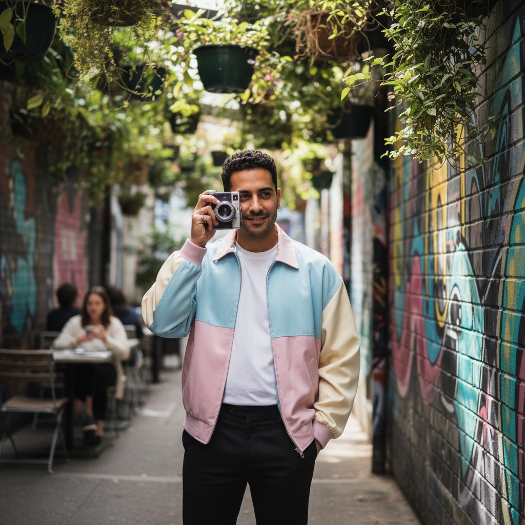 David, a 31-year-old Middle Eastern man, embodies the contemporary urban spirit of Melbourne in a vibrant outdoor setting. Dressed in an oversized, vintage-inspired pastel bomber jacket over a crisp white t-shirt and tailored black trousers, he blends street style with haute couture. His retro-inspired loafers add an edgy touch. He stands confidently, one hand in his pocket and the other holding a vintage camera, capturing the artistic vibe of Melbourne's laneways. Sunlight filters through lush greenery, illuminating his expressive features against a backdrop of lively street art and cafés, creating an atmosphere of creativity and spontaneity. The composition showcases a shallow depth of field that draws focus to his charismatic smile, perfectly capturing the essence of city living. The mood resonates with wanderlust and artistic flair, making it a striking representation of modern Melbourne life.