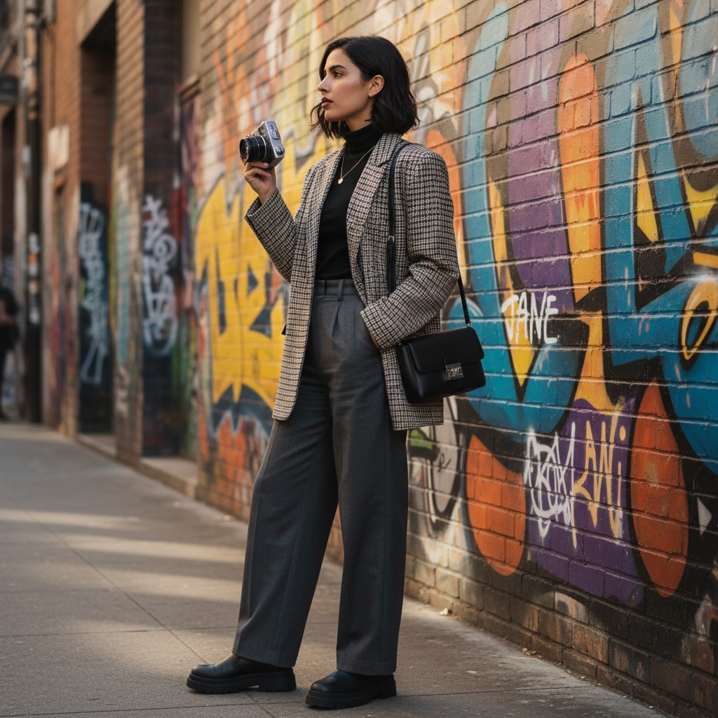 Jane, a 26-year-old Middle Eastern woman, embodies the vibrant spirit of Melbourne's eclectic fashion scene, posed against the colorful graffiti of Fitzroy's famed laneways. She wears an oversized, checked blazer layered over a fitted black turtleneck, high-waisted, tailored wide-leg trousers in chic charcoal, and chunky black platform boots. A structured leather crossbody bag adds boldness, complemented by a dainty gold chain necklace peeking from beneath her collar. With a short, tousled bob framing her fresh, radiant face, minimal makeup, and a hint of plum tint on her lips, she stands in profile. One hand rests in her pocket while holding a vintage camera in the other, gazing thoughtfully towards the street. Brilliant afternoon light casts soft shadows, illuminating her attire, capturing the youthful exuberance and artistic energy of Melbourne. The atmosphere is lively yet introspective, celebrating style and individuality. Jane.