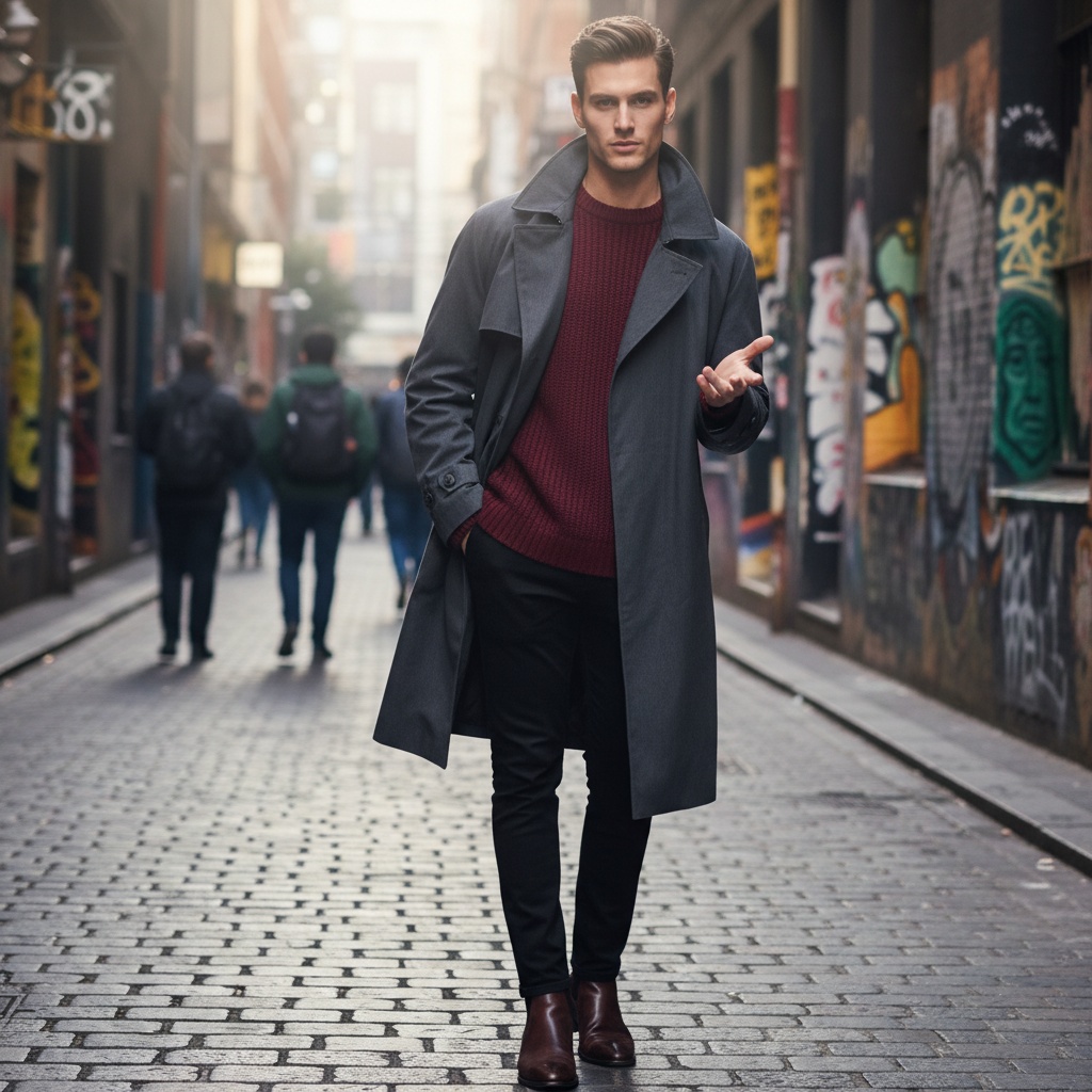 John, a striking male figure aged 29, showcases vibrant street style in the iconic laneways of Melbourne. He wears an oversized charcoal trench coat over a richly textured deep merlot knit sweater, paired with slim-fit black trousers and polished leather ankle boots. The morning light casts soft shadows, enhancing his sharp cheekbones and confident stance. One hand rests casually in his pocket while the other gestures playfully, suggesting engagement with the viewer. The background is alive with colorful street art and blurred figures, embodying the urban rebellion and artistic expression of the city.