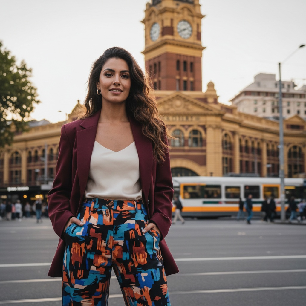 Sarah, a striking 27-year-old Middle Eastern woman, embodies the eclectic spirit of Melbourne in a vibrant scene at Flinders Street Station. She wears a tailored oversized merlot blazer over a delicate silk camisole, paired with high-waisted, graphic-patterned trousers, perfectly reflecting the city's culture. With loose waves cascading over one shoulder and a confident expression, she stands against the backdrop of the iconic clock tower, softly lit by the golden hour. This image uses the rule of thirds to enhance her presence amidst a bustling, blurred cityscape, highlighting the blend of historic architecture and modern life.