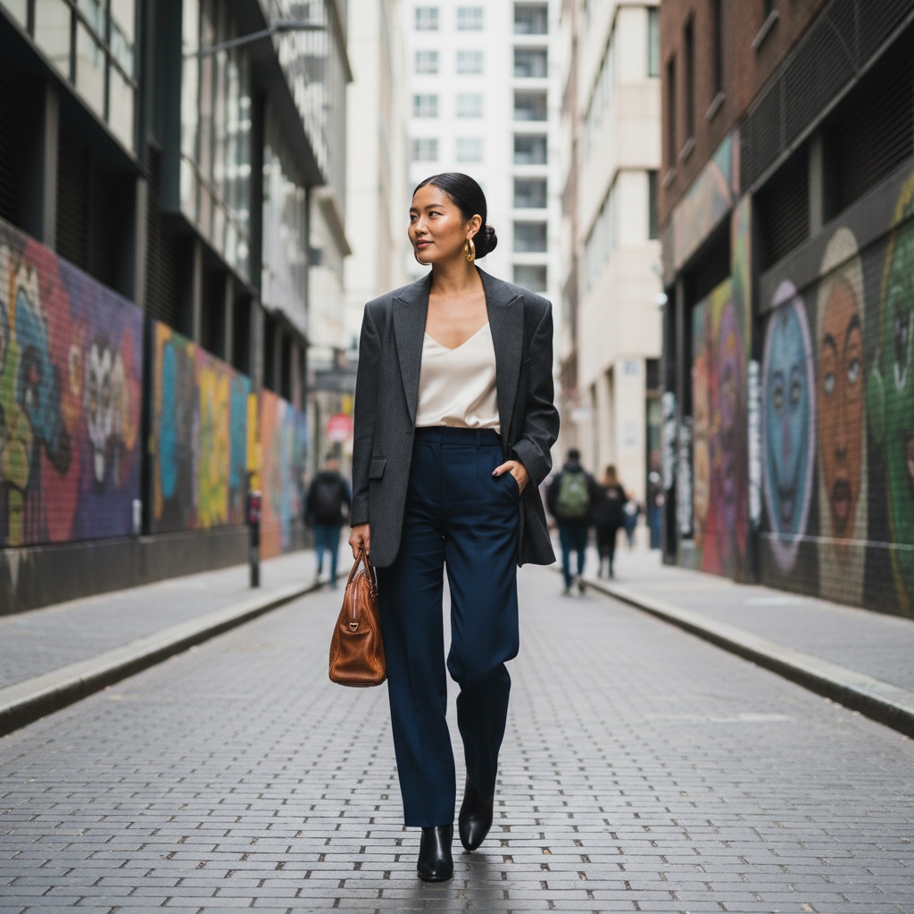 Emily, a 26-year-old Asian woman, exuding urban chic, captured in a vibrant laneway of a bustling city where graffiti art meets modern architecture. She's dressed in a tailored oversized charcoal blazer over an ivory silk camisole, complemented by high-waisted midnight blue wide-leg trousers and sleek black leather ankle boots. Her hair is styled in a low bun, adorned with bold gold hoop earrings. With one hand casually in her pocket and holding a vintage leather handbag in the other, she embodies effortless nonchalance. The scene employs soft, diffused lighting that enhances the dynamic street art background, creating a rich tapestry of color that contrasts with her minimalist style. This image celebrates urban life and the confident spirit of a modern woman.