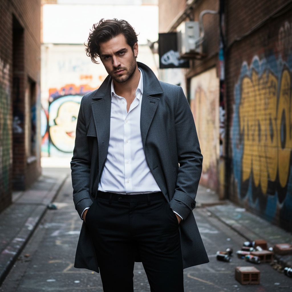 James, a 29-year-old male model embodying the artistic flair of urban exploration, stands poised in a sun-drenched laneway adorned with vibrant graffiti. He wears a perfectly tailored charcoal trench coat layered over a crisp white shirt and fitted black trousers, exuding a modern, avant-garde vibe. His confident yet relaxed stance, with one hand in a pocket and the other tousling his dark hair, complements the chiaroscuro effect created by the sunlight. The composition draws attention to his brooding expression, radiating rebellious freedom and individuality, ideal for a contemporary fashion editorial.